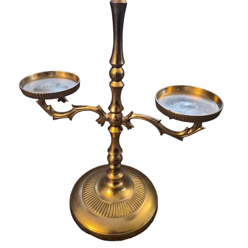 Vintage Solid Brass Candle Holder 2 Arm 12" Tall Holds Two Candles